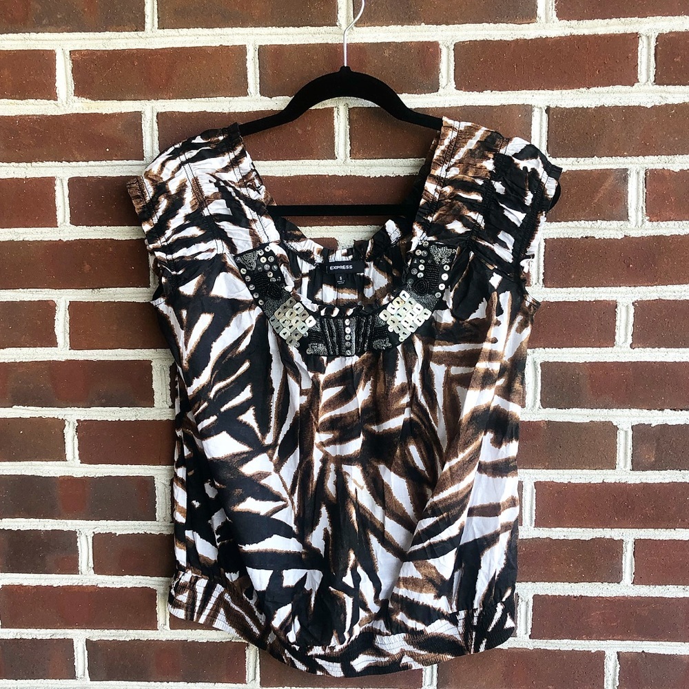 Express Cap Sleeve Sequin Collar Printed Blouse